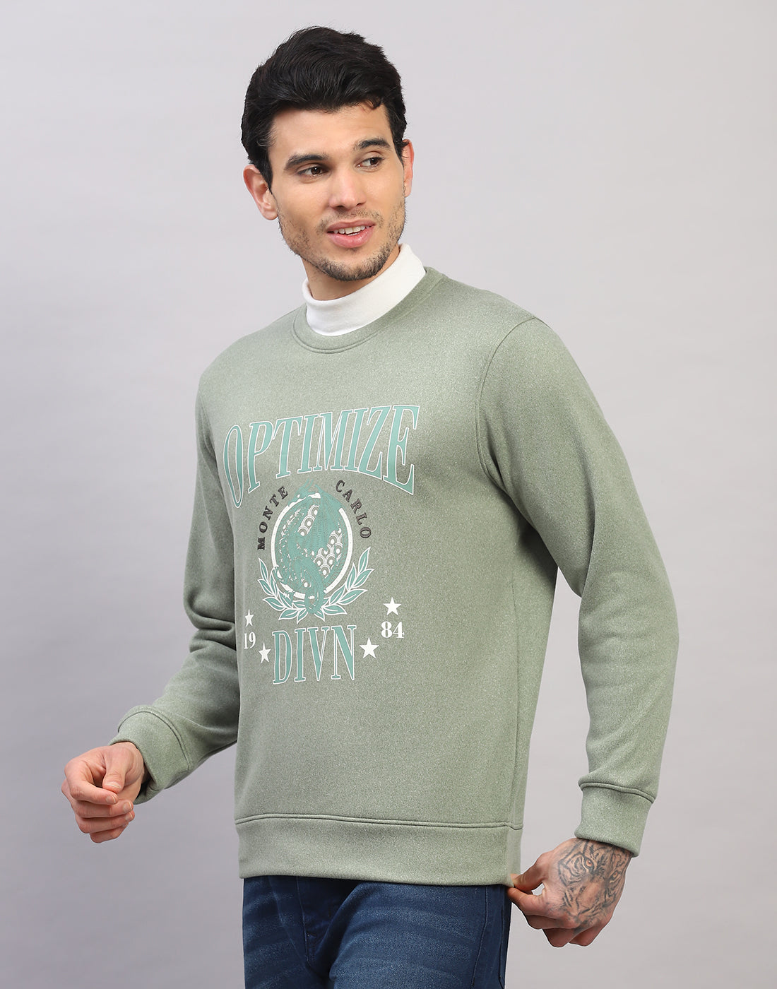 Men Green Printed Round Neck Full Sleeve Sweatshirt