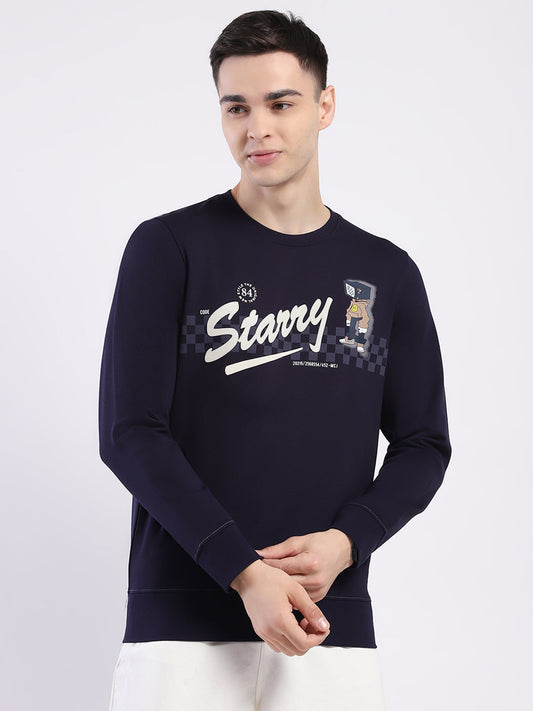 Men Navy Blue Printed Round Neck Full Sleeve Sweatshirt