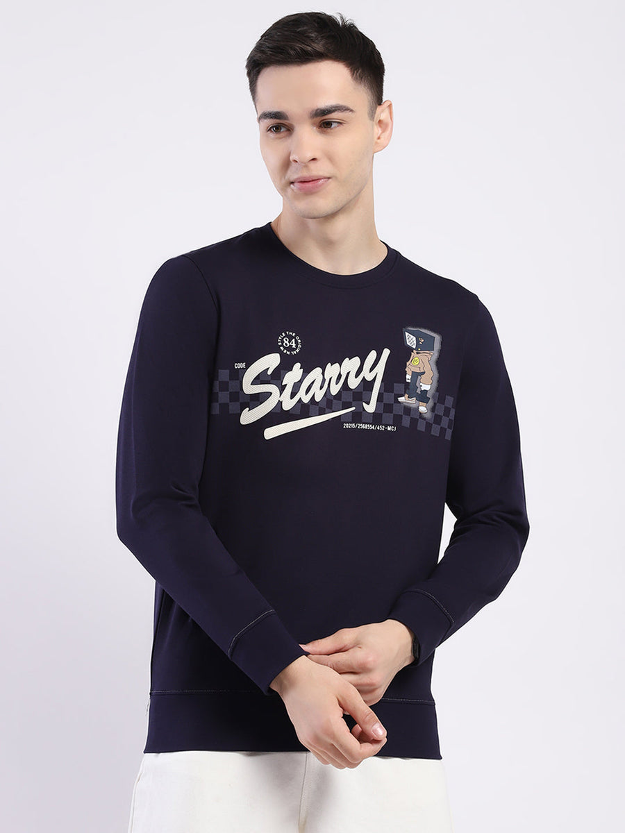 Men Navy Blue Printed Round Neck Full Sleeve Sweatshirt