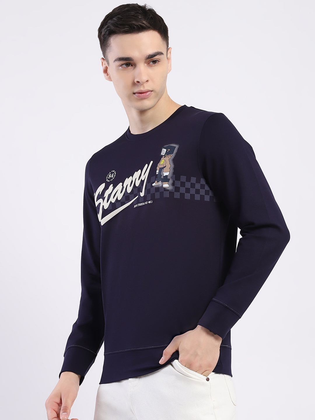 Men Navy Blue Printed Round Neck Full Sleeve Sweatshirt