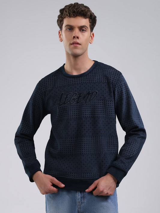 Men Navy Blue Printed Round Neck Full Sleeve Sweatshirt