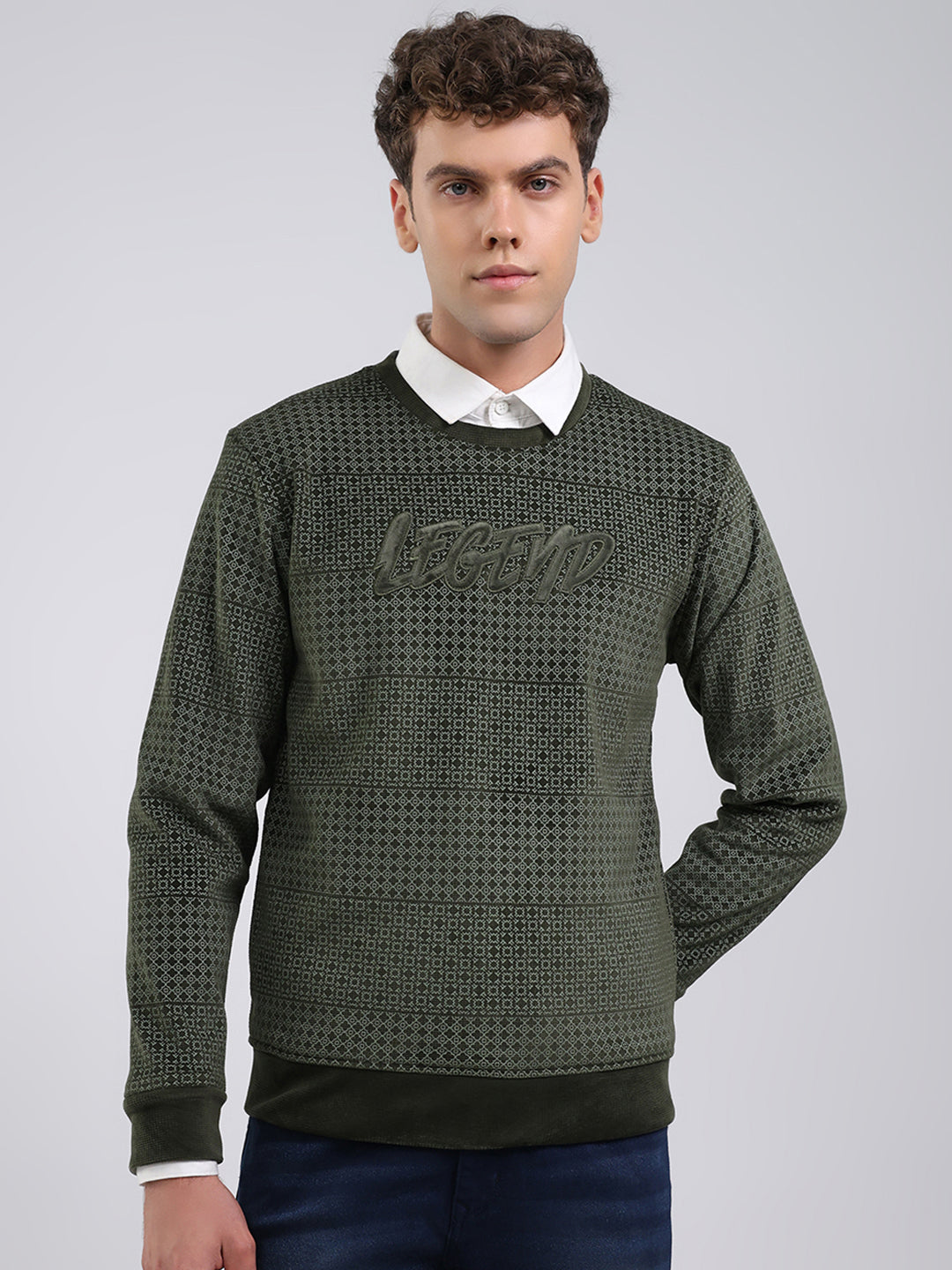 Men Olive Printed Round Neck Full Sleeve Sweatshirt