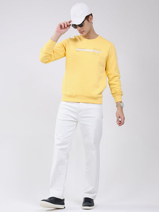 Men Yellow Solid Round Neck Full Sleeve Sweatshirt