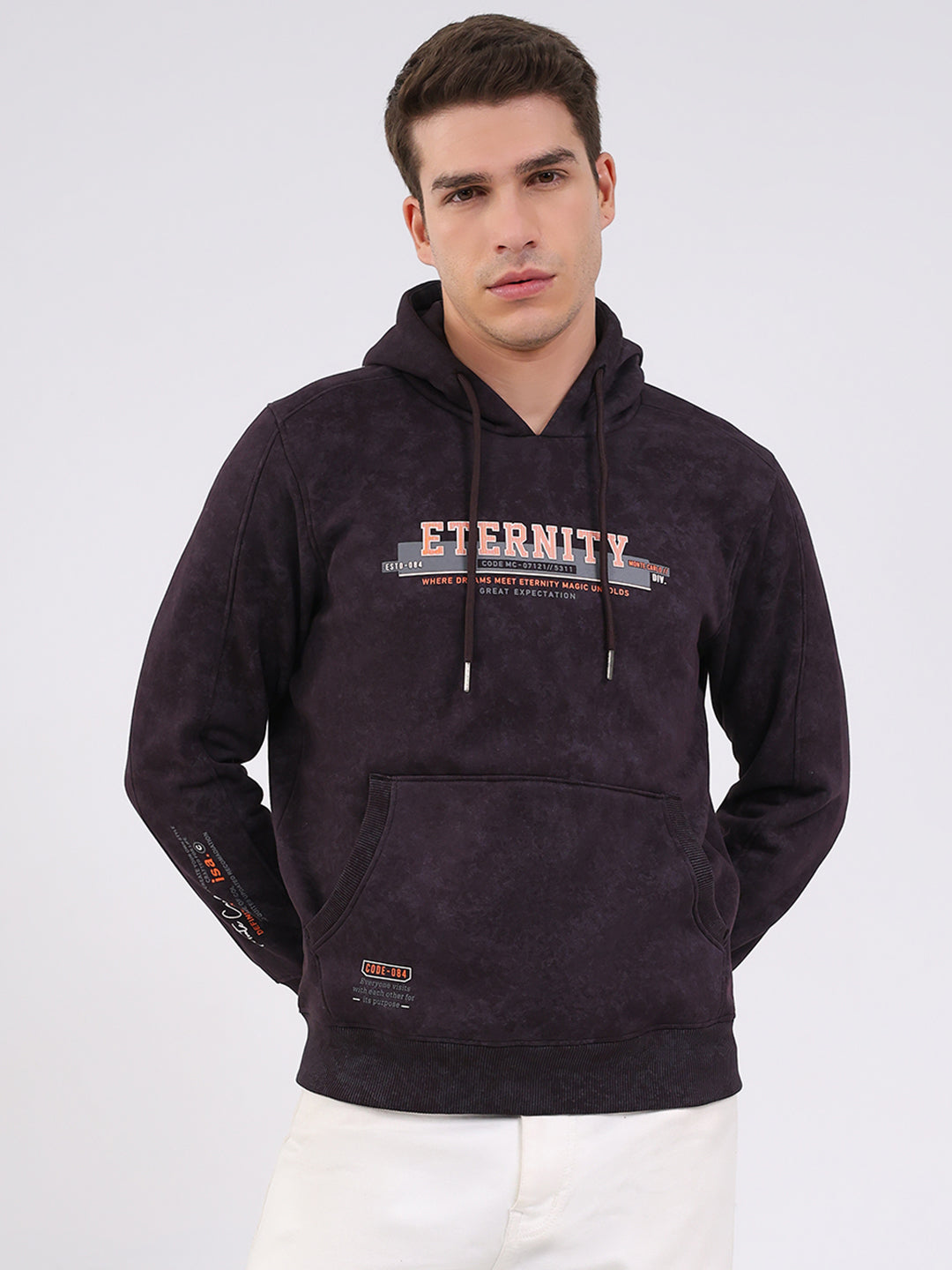 Men Purple Printed Hooded Full Sleeve Sweatshirt