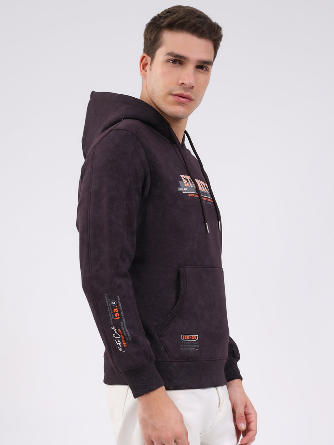 Men Purple Printed Hooded Full Sleeve Sweatshirt