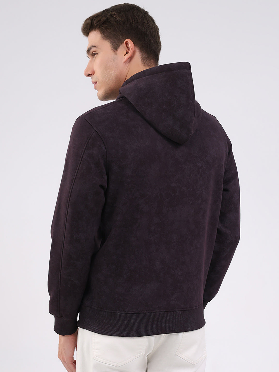 Men Purple Printed Hooded Full Sleeve Sweatshirt