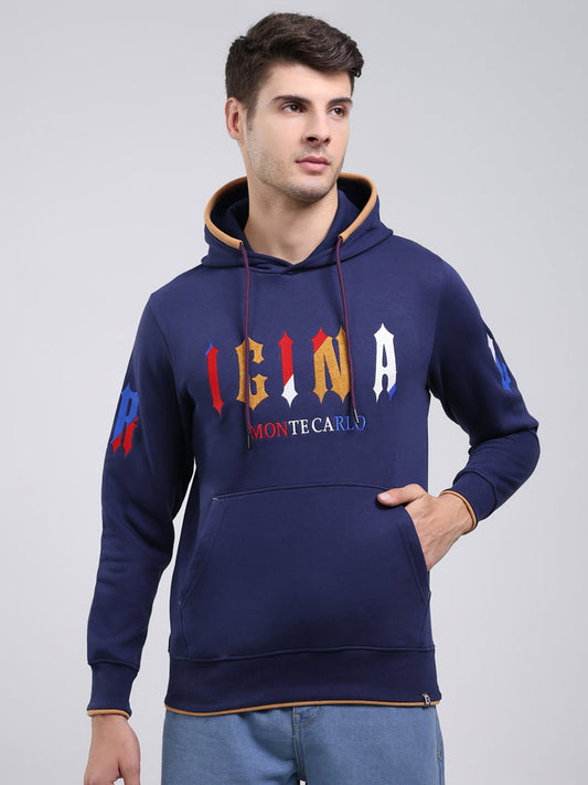 Men Blue Printed Hooded Full Sleeve Sweatshirt