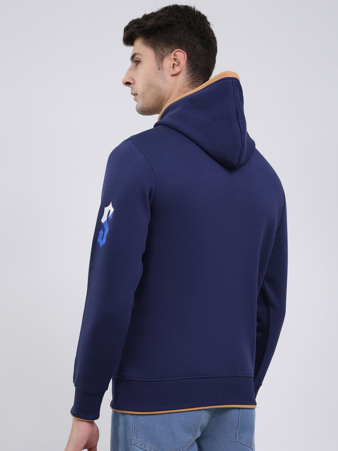 Men Blue Printed Hooded Full Sleeve Sweatshirt