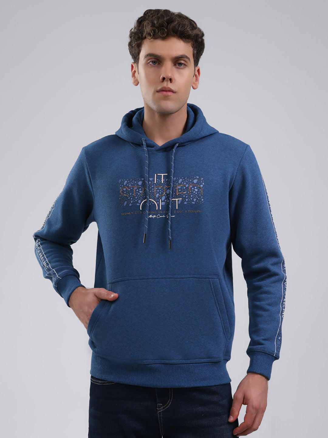 Men Teal Blue Solid Hooded Full Sleeve Sweatshirt