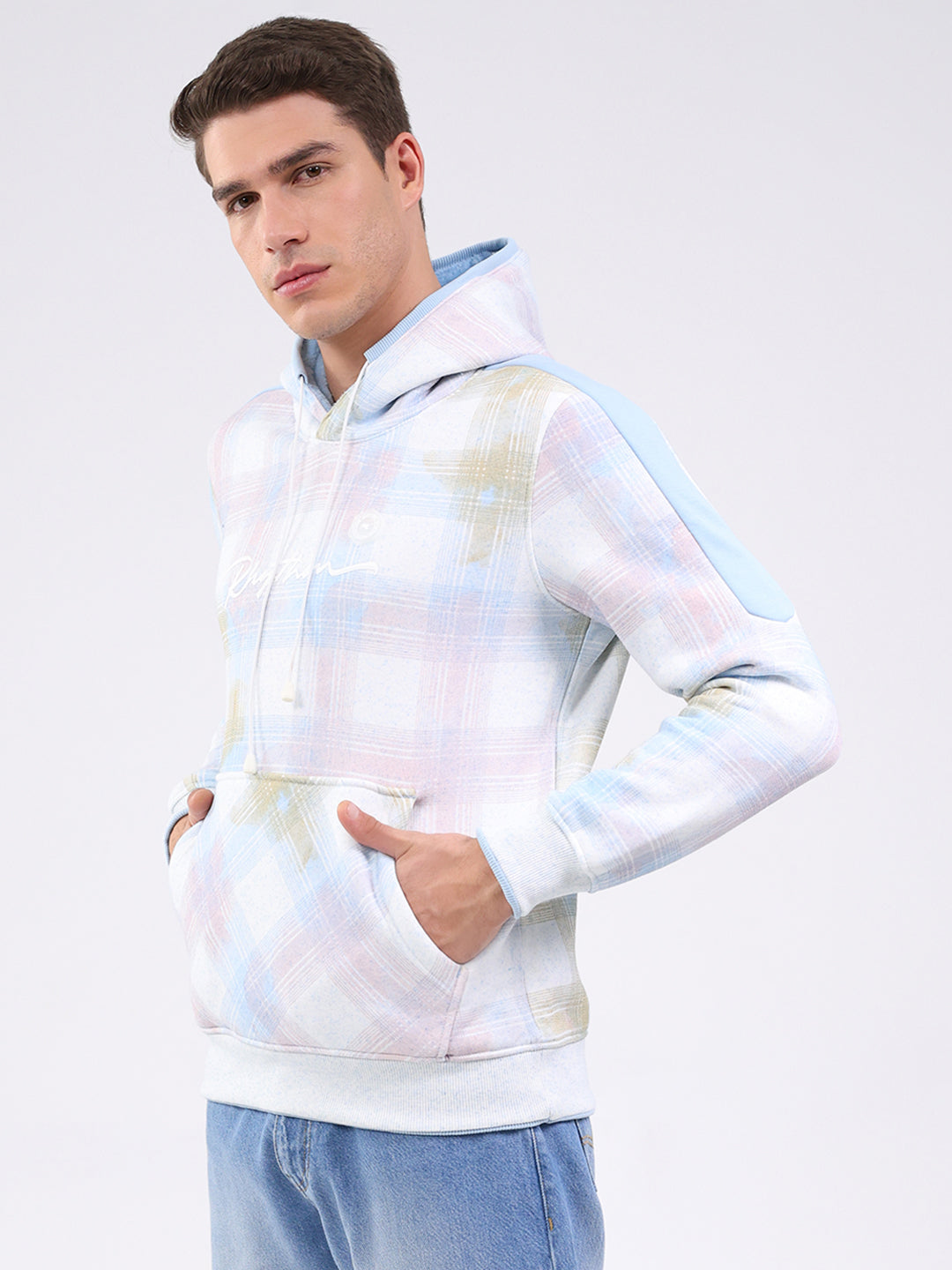 Men White & Blue Printed Hooded Full Sleeve Sweatshirt