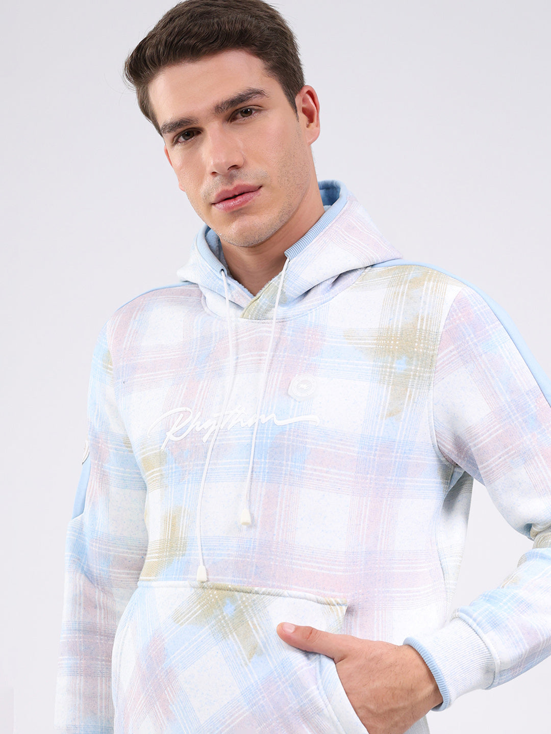 Men White & Blue Printed Hooded Full Sleeve Sweatshirt