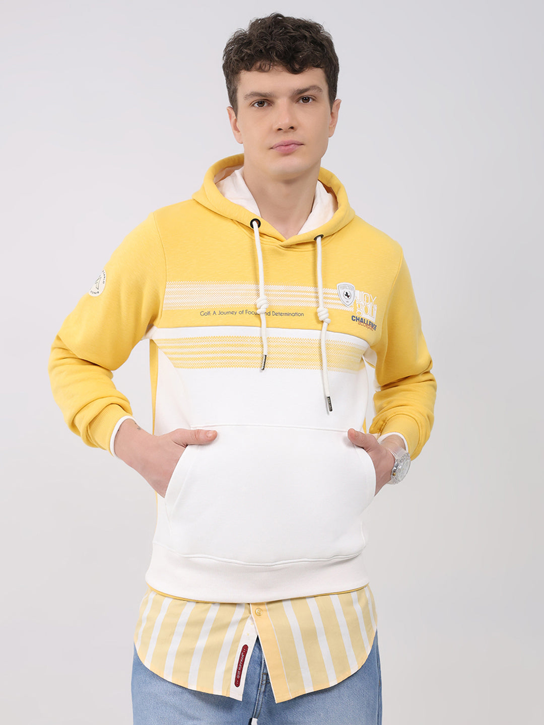 Men Yellow Solid Hooded Full Sleeve Sweatshirt