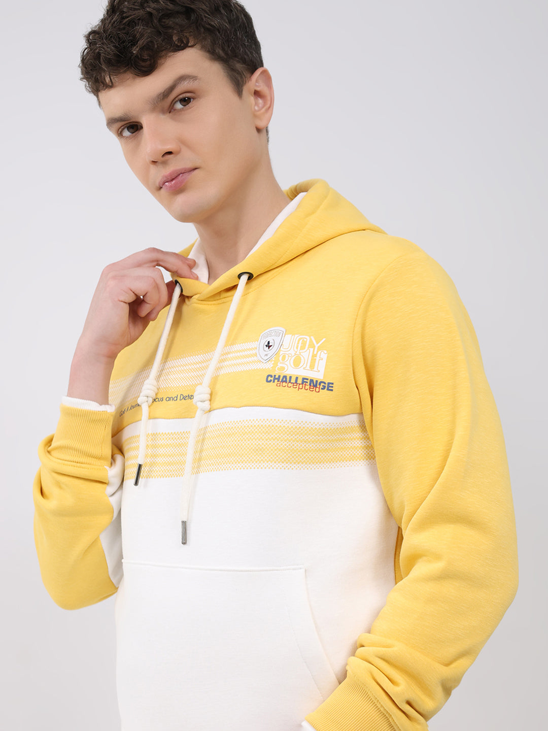 Men Yellow Solid Hooded Full Sleeve Sweatshirt