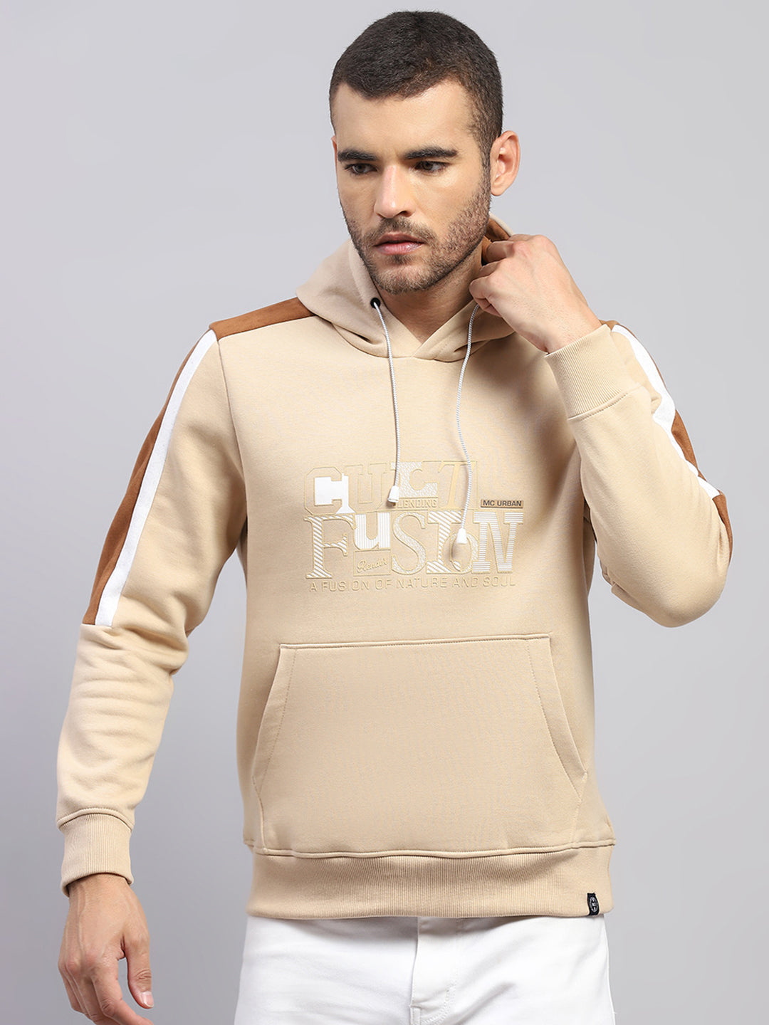 Men Beige Solid Hooded Full Sleeve Sweatshirt