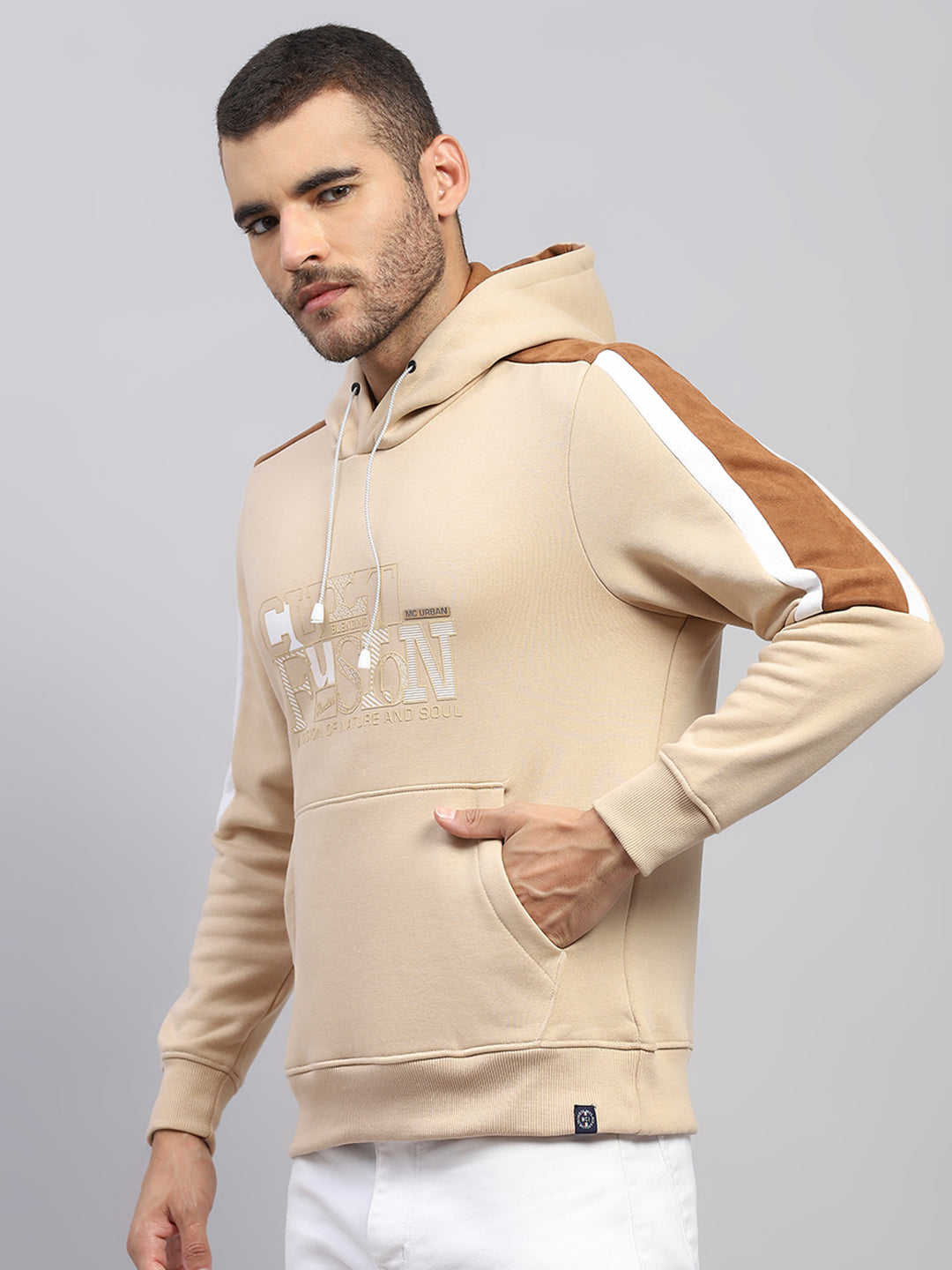 Men Beige Solid Hooded Full Sleeve Sweatshirt