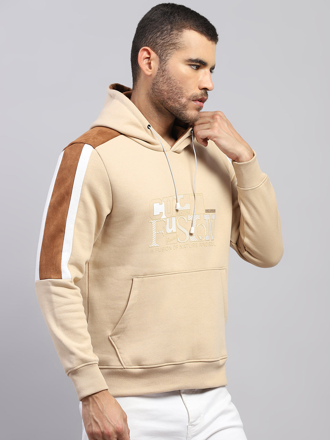 Men Beige Solid Hooded Full Sleeve Sweatshirt