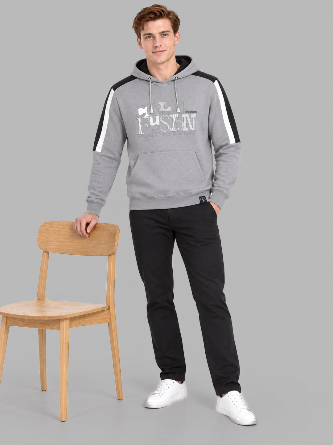 Men Grey Solid Hooded Full Sleeve Sweatshirt