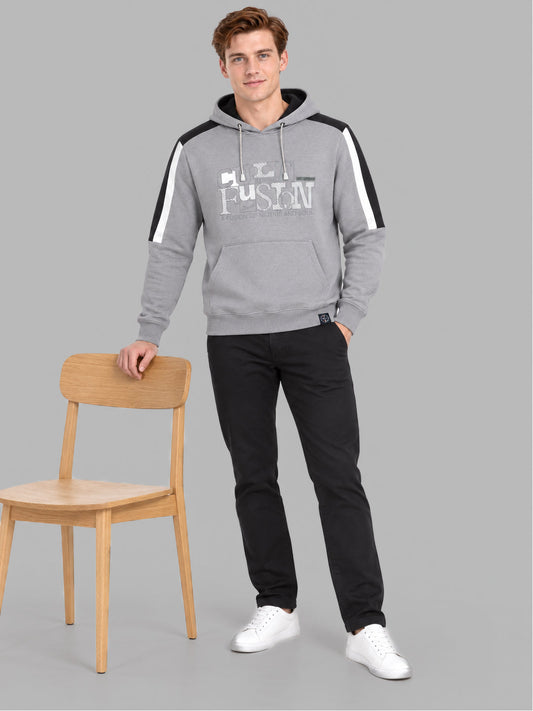 Men Grey Solid Hooded Full Sleeve Sweatshirt