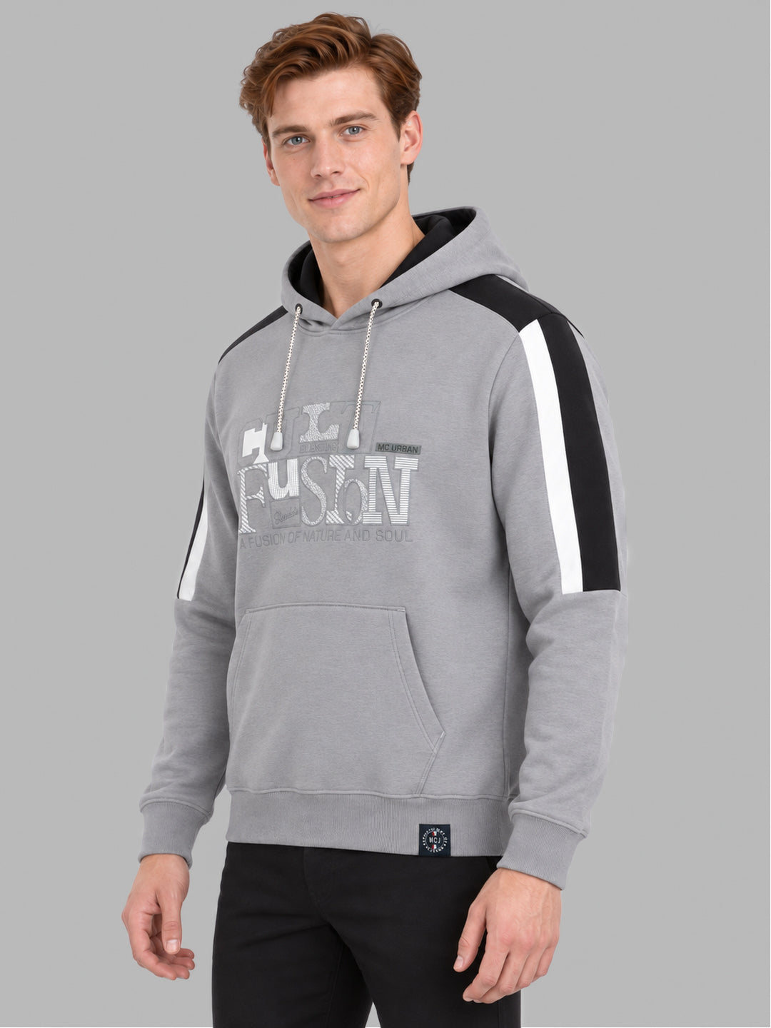 Men Grey Solid Hooded Full Sleeve Sweatshirt