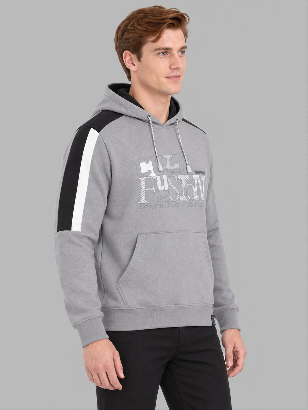 Men Grey Solid Hooded Full Sleeve Sweatshirt