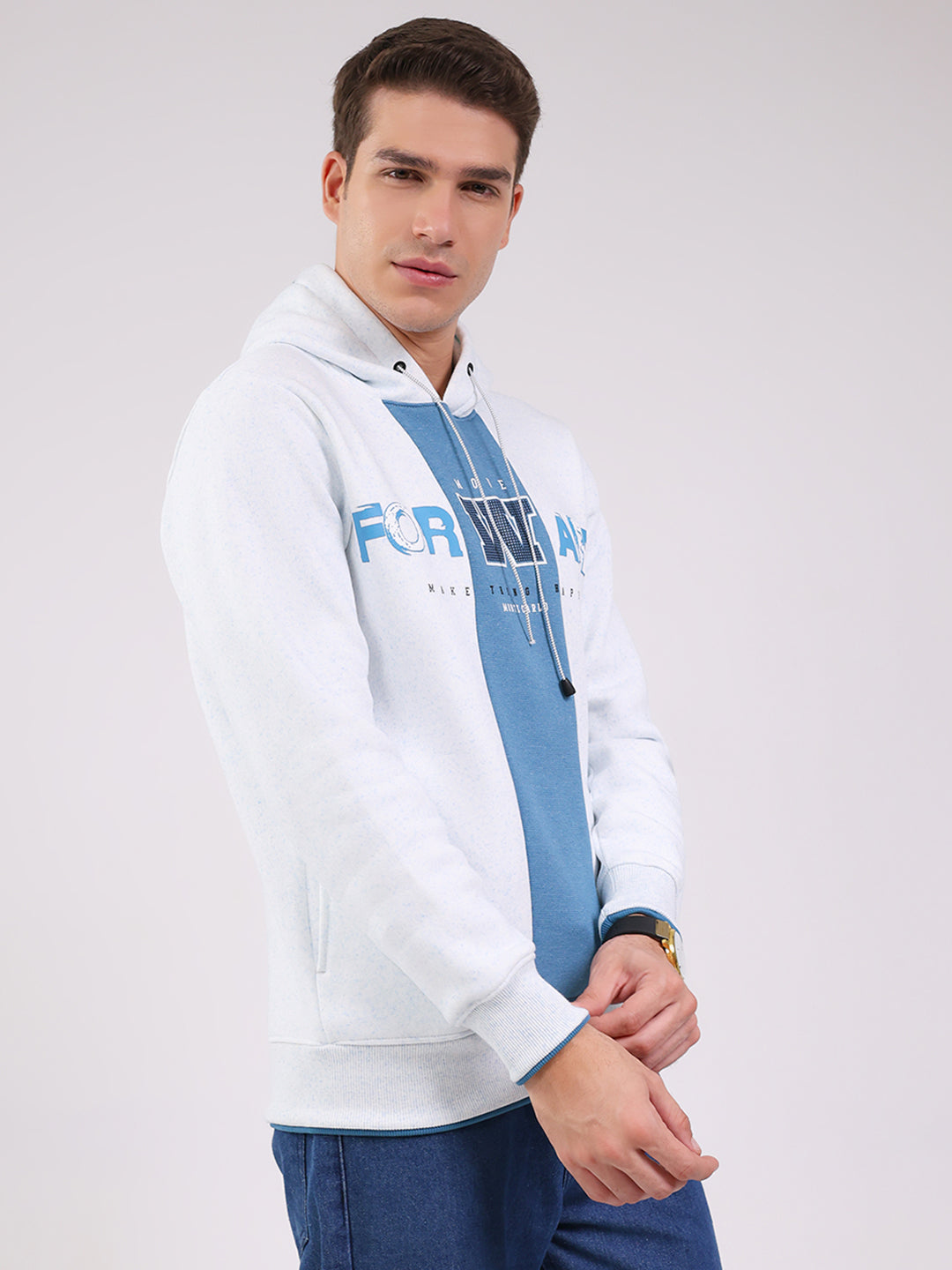 Men Blue Printed Hooded Full Sleeve Sweatshirt
