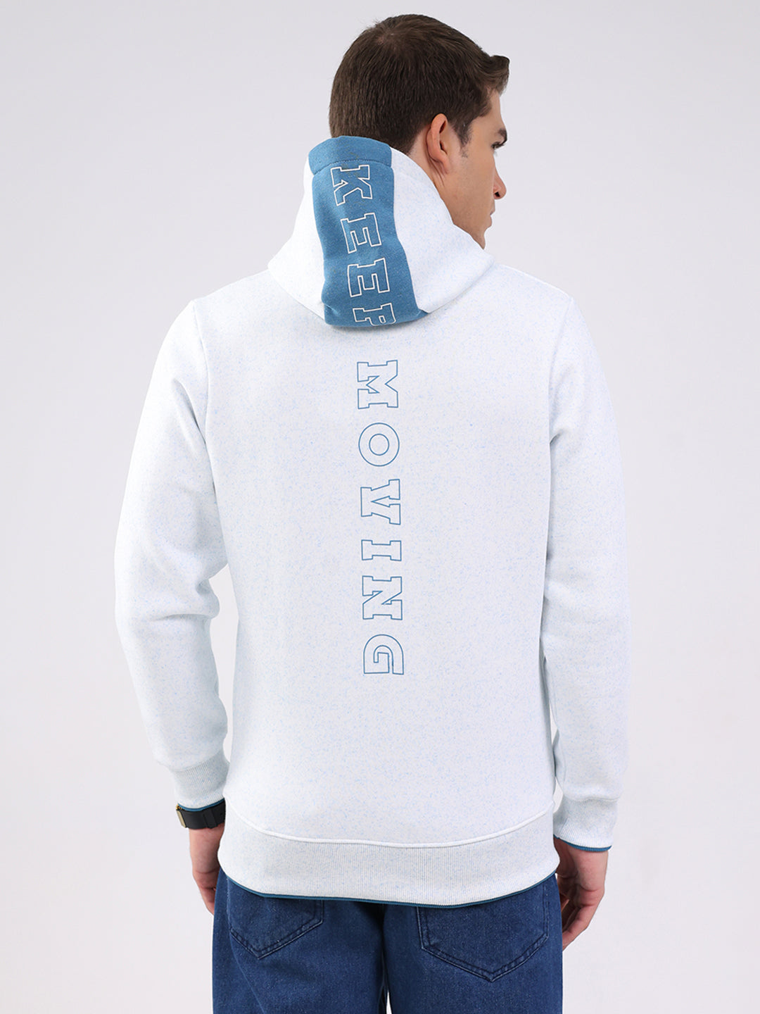 Men Blue Printed Hooded Full Sleeve Sweatshirt