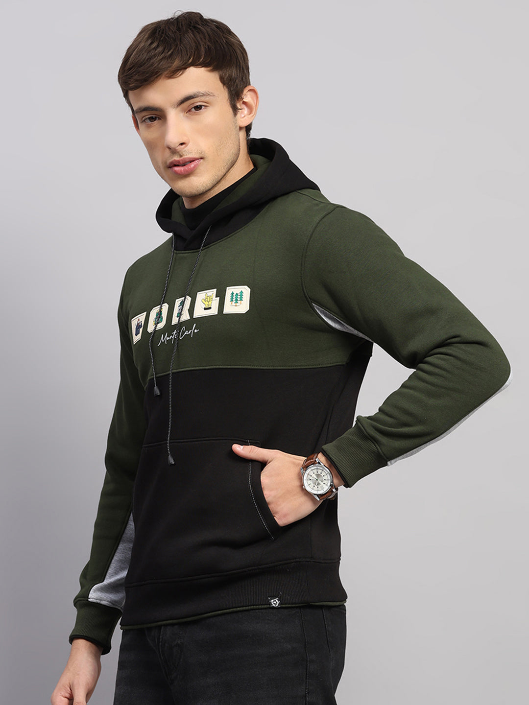 Men Olive Solid Hooded Full Sleeve Sweatshirt