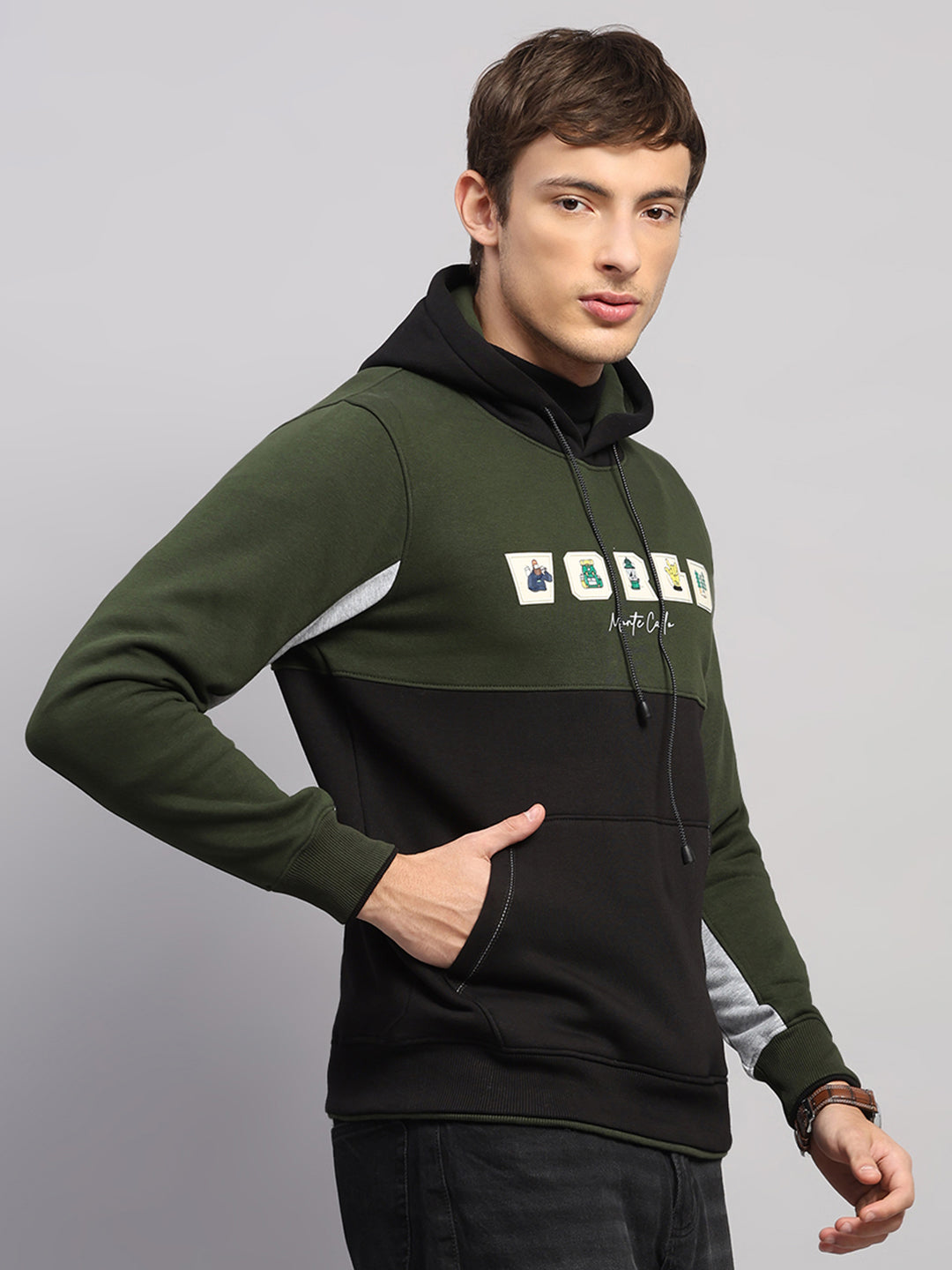 Men Olive Solid Hooded Full Sleeve Sweatshirt