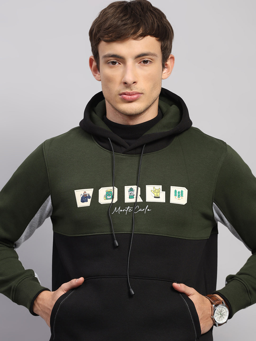 Men Olive Solid Hooded Full Sleeve Sweatshirt