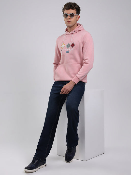 Men Peach Solid Hooded Full Sleeve Sweatshirt