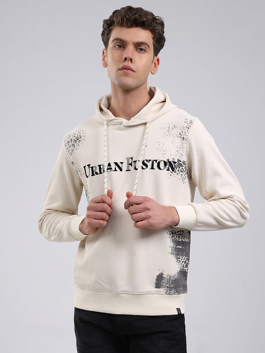 Men Off White Solid Hooded Full Sleeve Sweatshirt