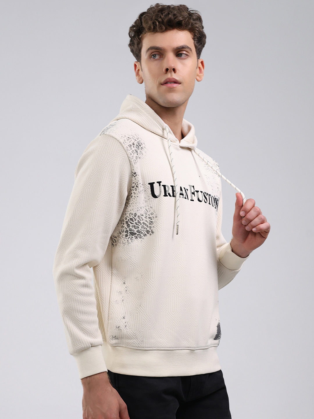Men Off White Solid Hooded Full Sleeve Sweatshirt