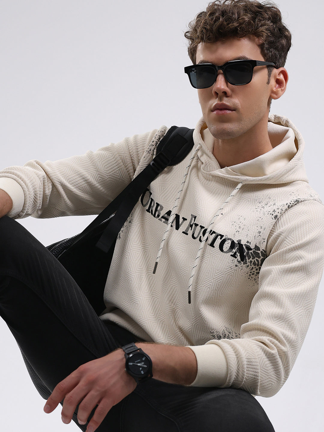 Men Off White Solid Hooded Full Sleeve Sweatshirt