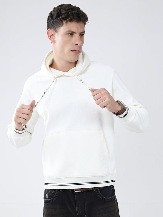 Men White Solid Hooded Full Sleeve Sweatshirt