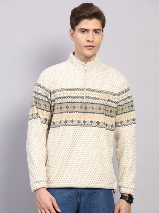 Men Beige Solid Collar Full Sleeve Sweatshirt