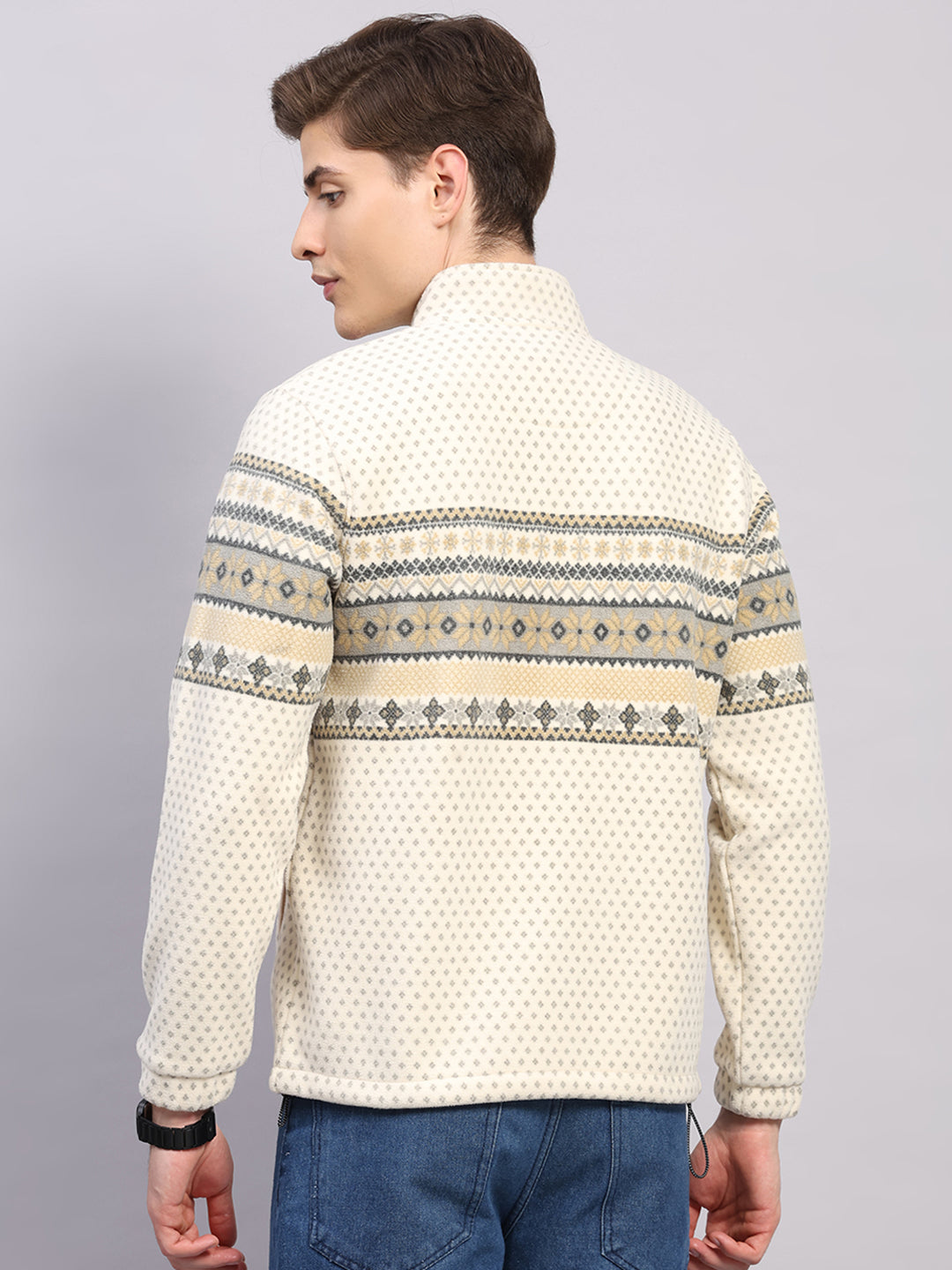Men Beige Solid Collar Full Sleeve Sweatshirt