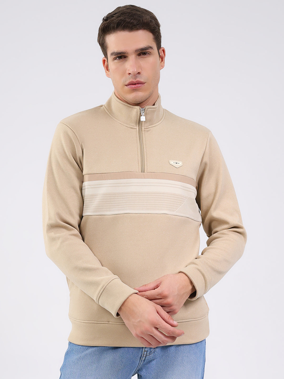 Men Beige Solid Mock Neck Full Sleeve Sweatshirt