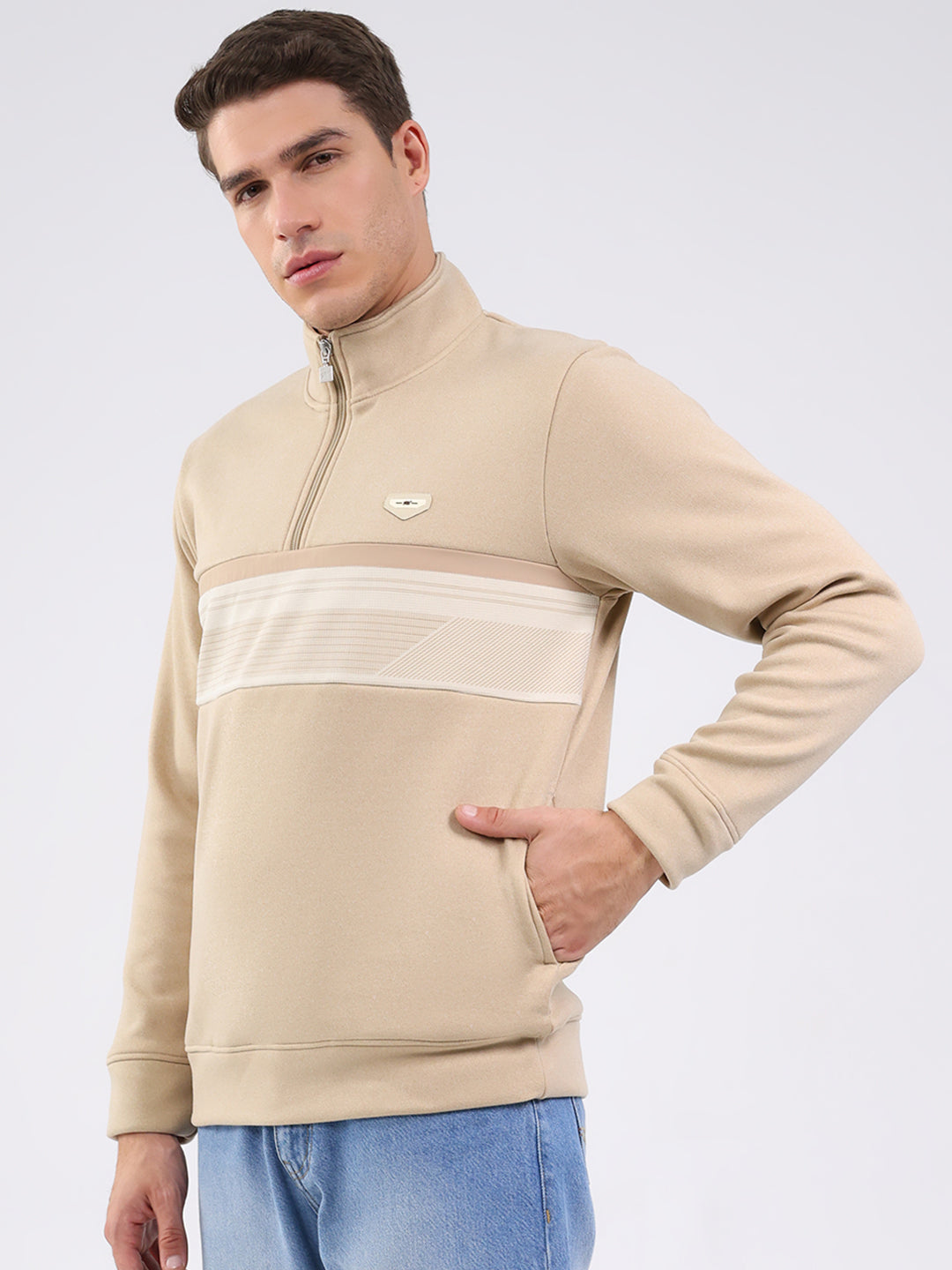 Men Beige Solid Mock Neck Full Sleeve Sweatshirt
