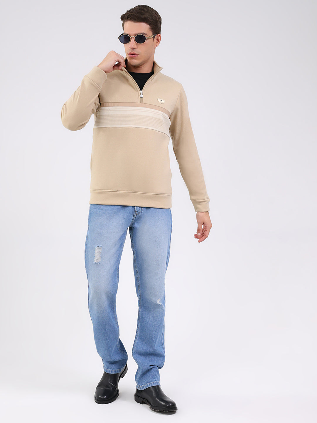 Men Beige Solid Mock Neck Full Sleeve Sweatshirt