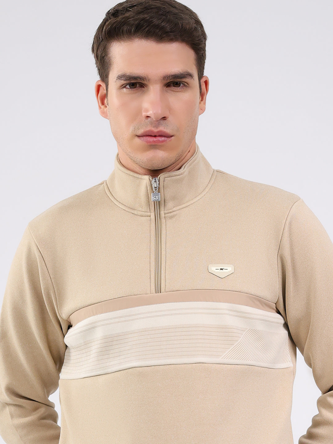 Men Beige Solid Mock Neck Full Sleeve Sweatshirt