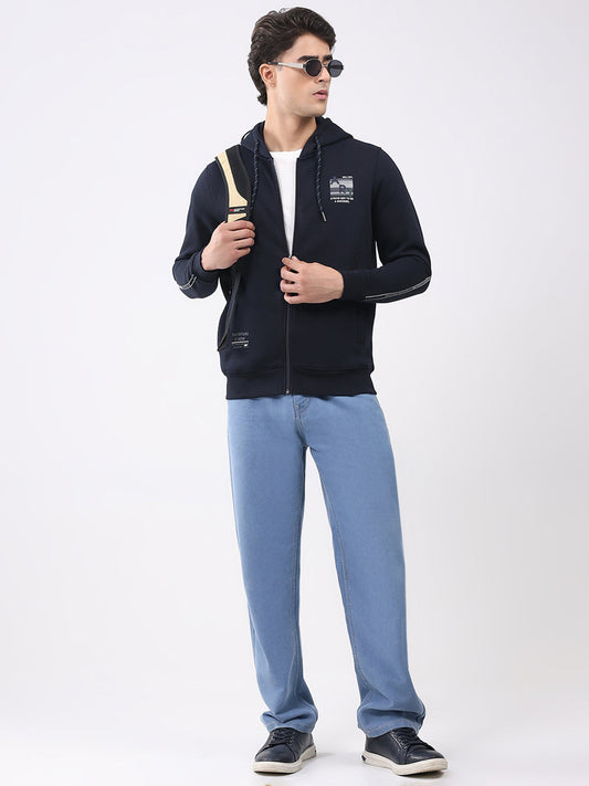 Men Navy Blue Solid Hooded Full Sleeve Sweatshirt