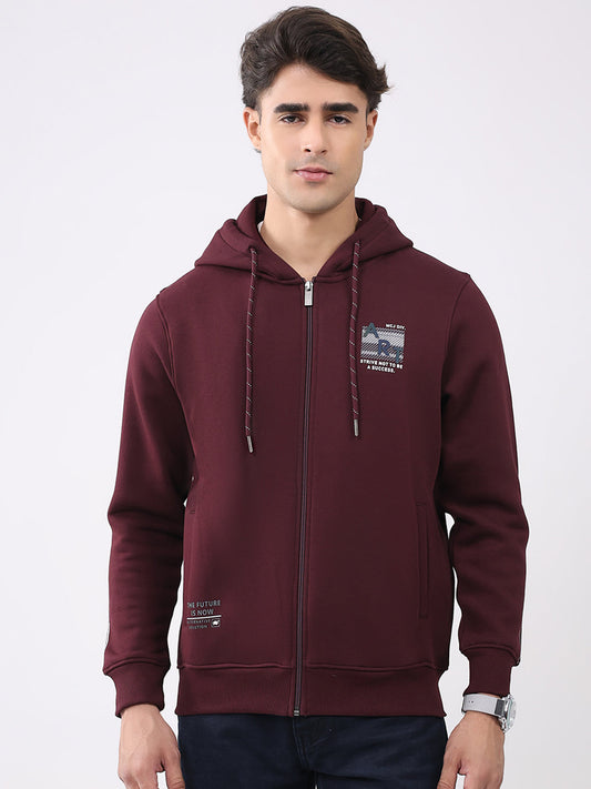 Men Maroon Solid Hooded Full Sleeve Sweatshirt