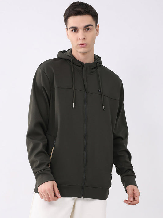 Men Olive Solid Hooded Full Sleeve Sweatshirt
