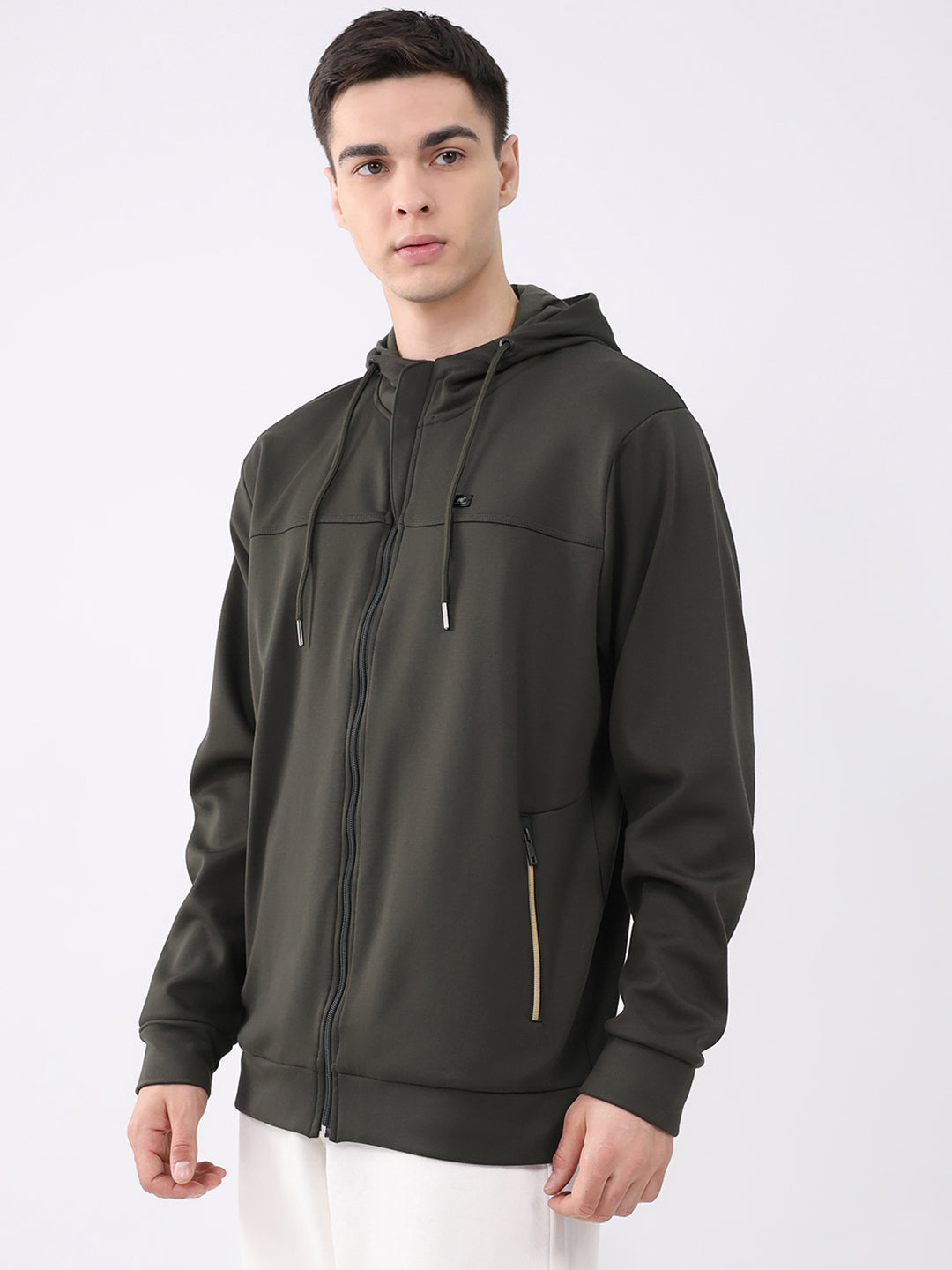 Men Olive Solid Hooded Full Sleeve Sweatshirt