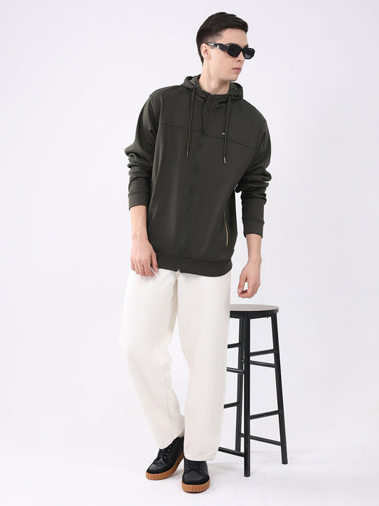 Men Olive Solid Hooded Full Sleeve Sweatshirt