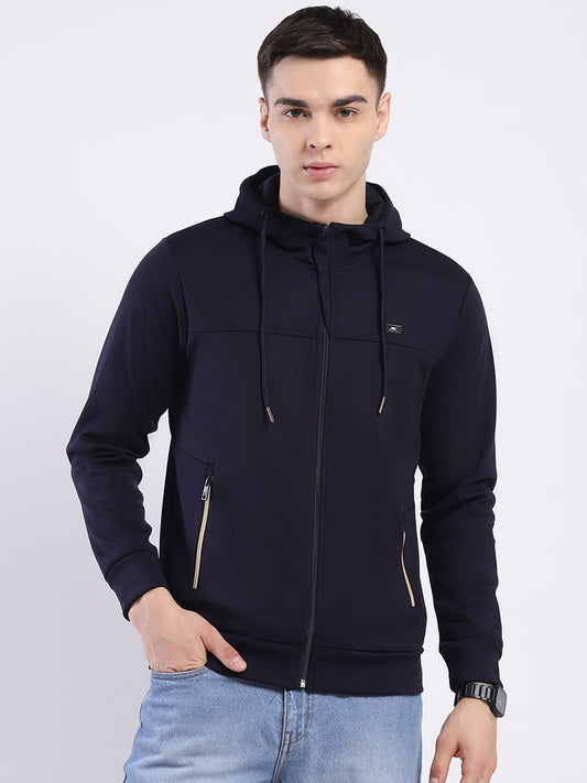Men Navy Blue Solid Hooded Full Sleeve Sweatshirt