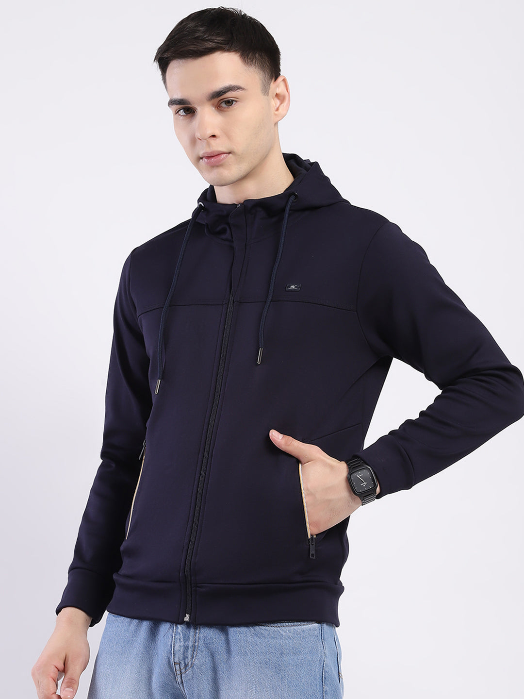 Men Navy Blue Solid Hooded Full Sleeve Sweatshirt