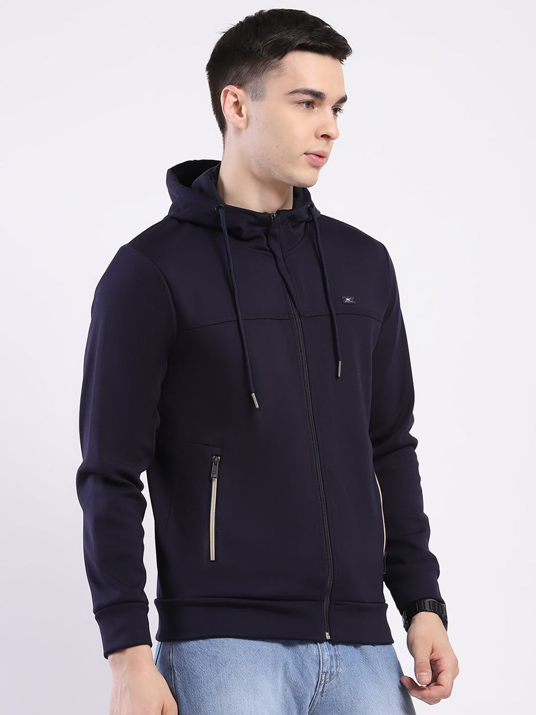 Men Navy Blue Solid Hooded Full Sleeve Sweatshirt