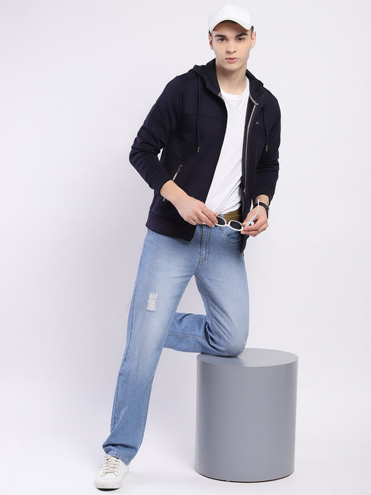 Men Navy Blue Solid Hooded Full Sleeve Sweatshirt