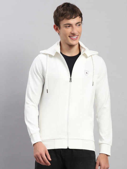 Men Off White Solid Hooded Full Sleeve Sweatshirt
